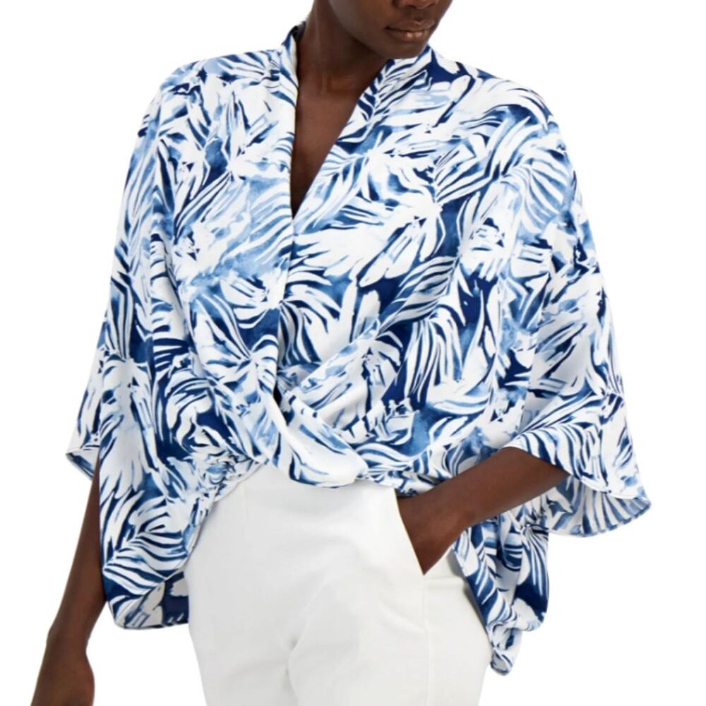 Alfani Printed Oversized Blouse - Poncho Style - Petite Pet Dream Leaf Blue  $70